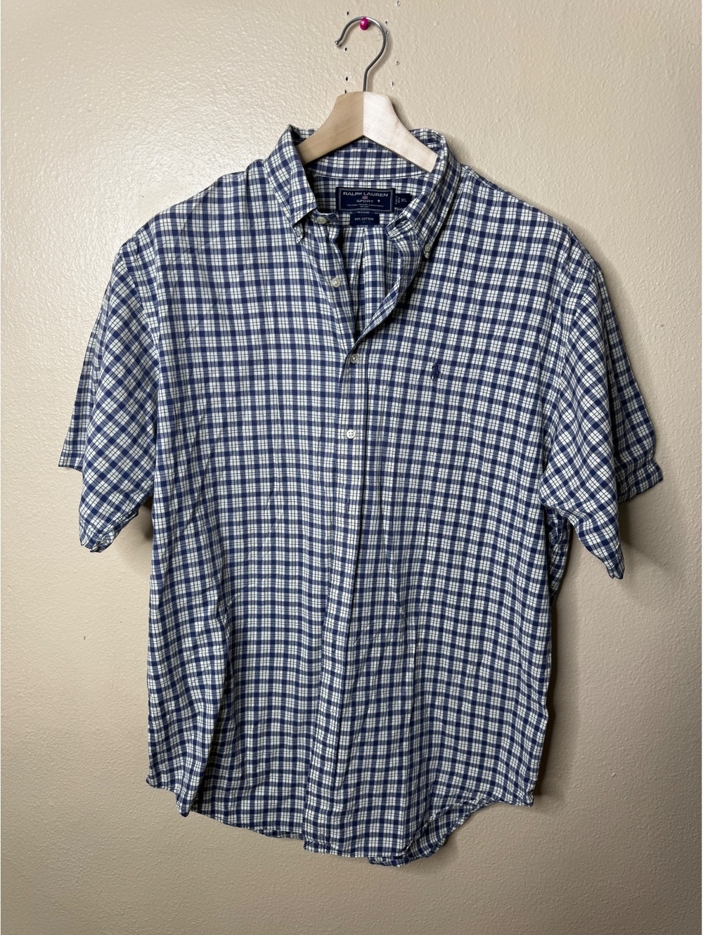 Ralph Lauren Sport Mens XL Blue Plaid Cotton Short Sleeve Button Up Shirt Logo